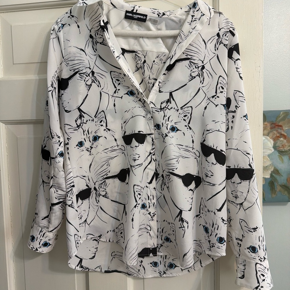 Karl Lagerfeld Women's Black and White Cat Print Button Down Shirt